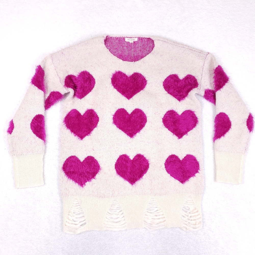 Promesa Heart Knit Sweater Womens SM Distressed Frayed Eyelash Pink Grunge